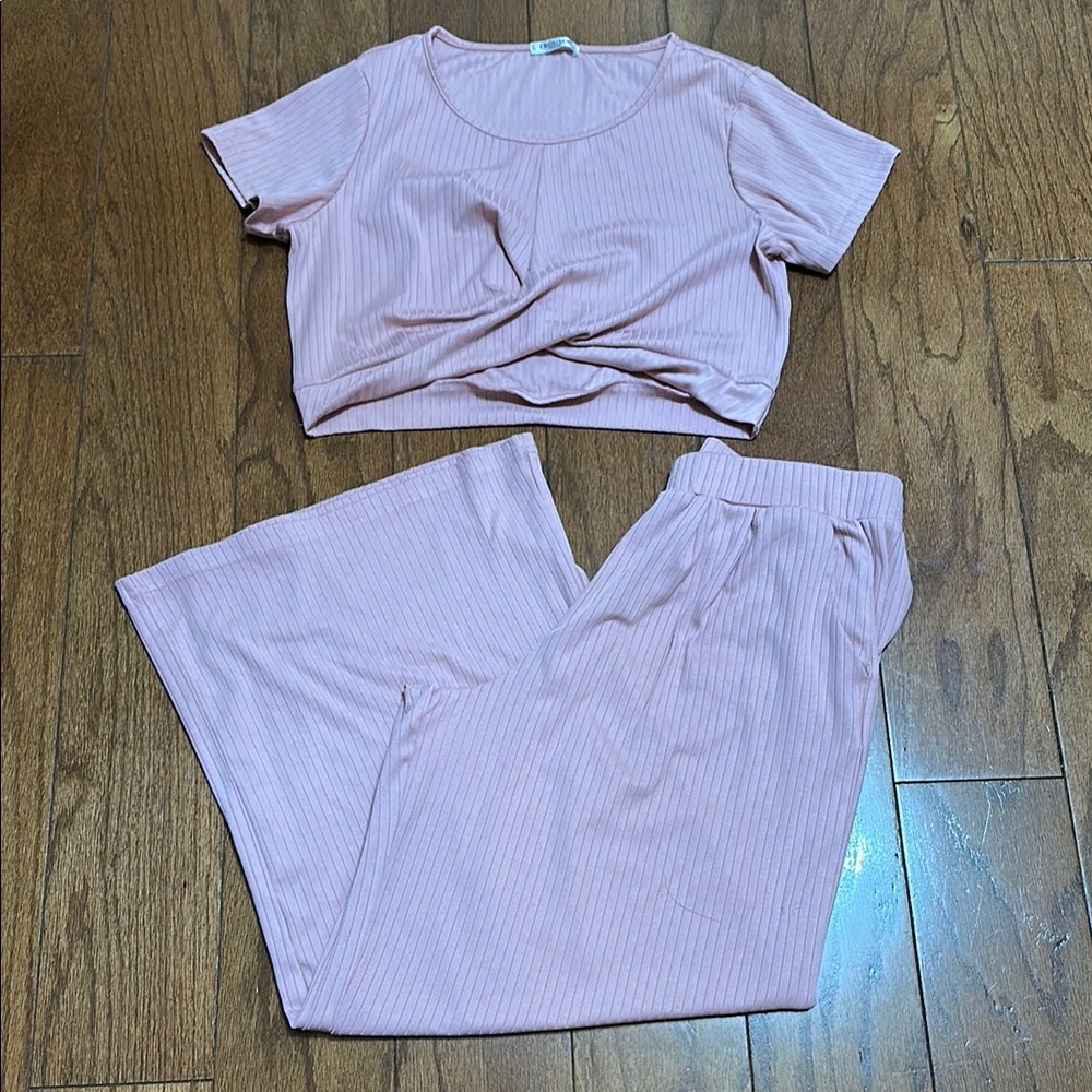 Ribbed Wide Leg Lounge Pants - Light Pink